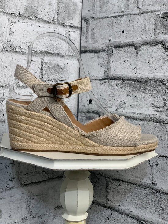 Lucky Brand Espadrille Wedge Sandals 9 Oatmeal Canvas Ankle Strap Open Toe Boho - Picture 4 of 12